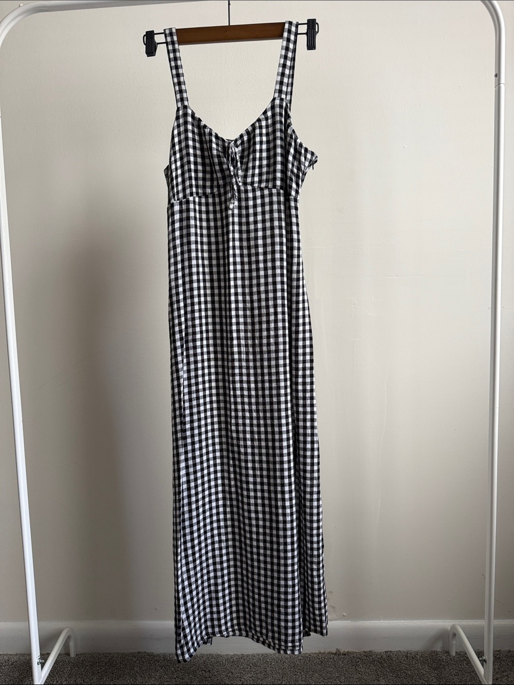 Gingham Black and White Midi Dress with Tie Front